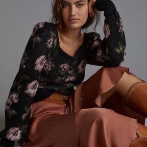 Anthropologie Square Neck Roses Floral Sweater.